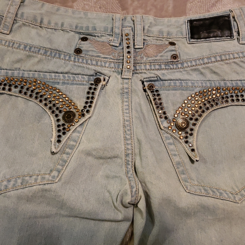 Robin's Jean Long Flap Rhinestones Metal Studs Long Flap Pockets Size 32x32